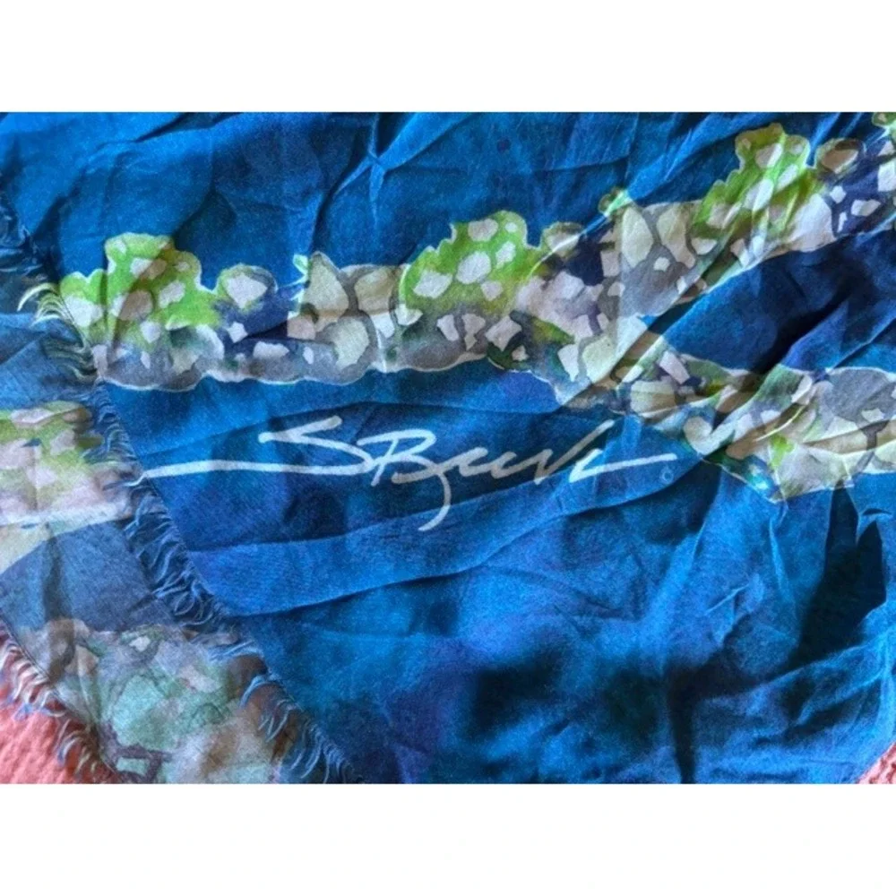 Life's A Blast Silk Blend Sea Turtle Scarf Blue Green Crinkle Frayed Wrap